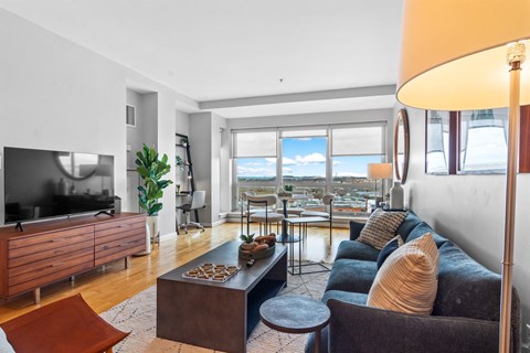 Living room flooded with natural light at The Amelia Apartments in Quincy, MA